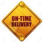 on-time delivery, 3D rendering, yellow road sign on a white background